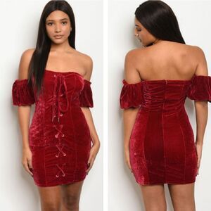 Crushed Velvet Lace Up Off Shoulder Cocktail Dress